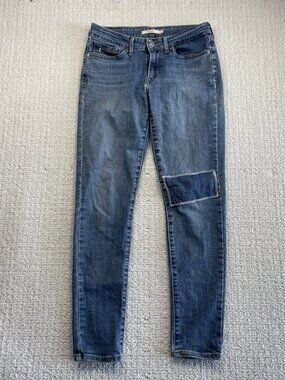 Y2K Levis 711 Skinny Jeans Wom Sz 27 Blue Low Rise Stretch Distressed Patchwork